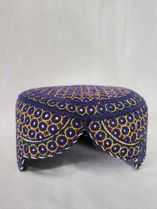Traditional Blue Sindhi Topi | Embroidered Shisha Balochi / Qandahari Cap