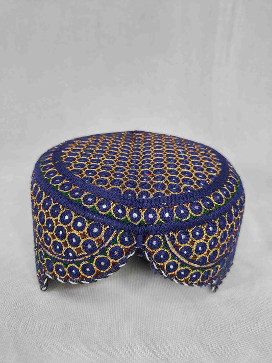 Traditional Blue Sindhi Topi | Embroidered Shisha Balochi / Qandahari Cap