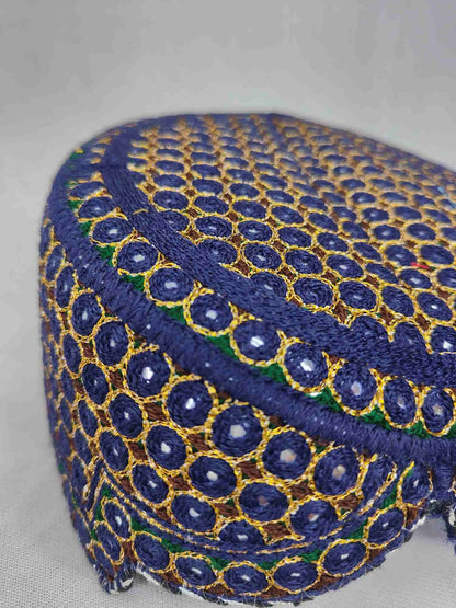 Traditional Blue Sindhi Topi | Embroidered Shisha Balochi / Qandahari Cap