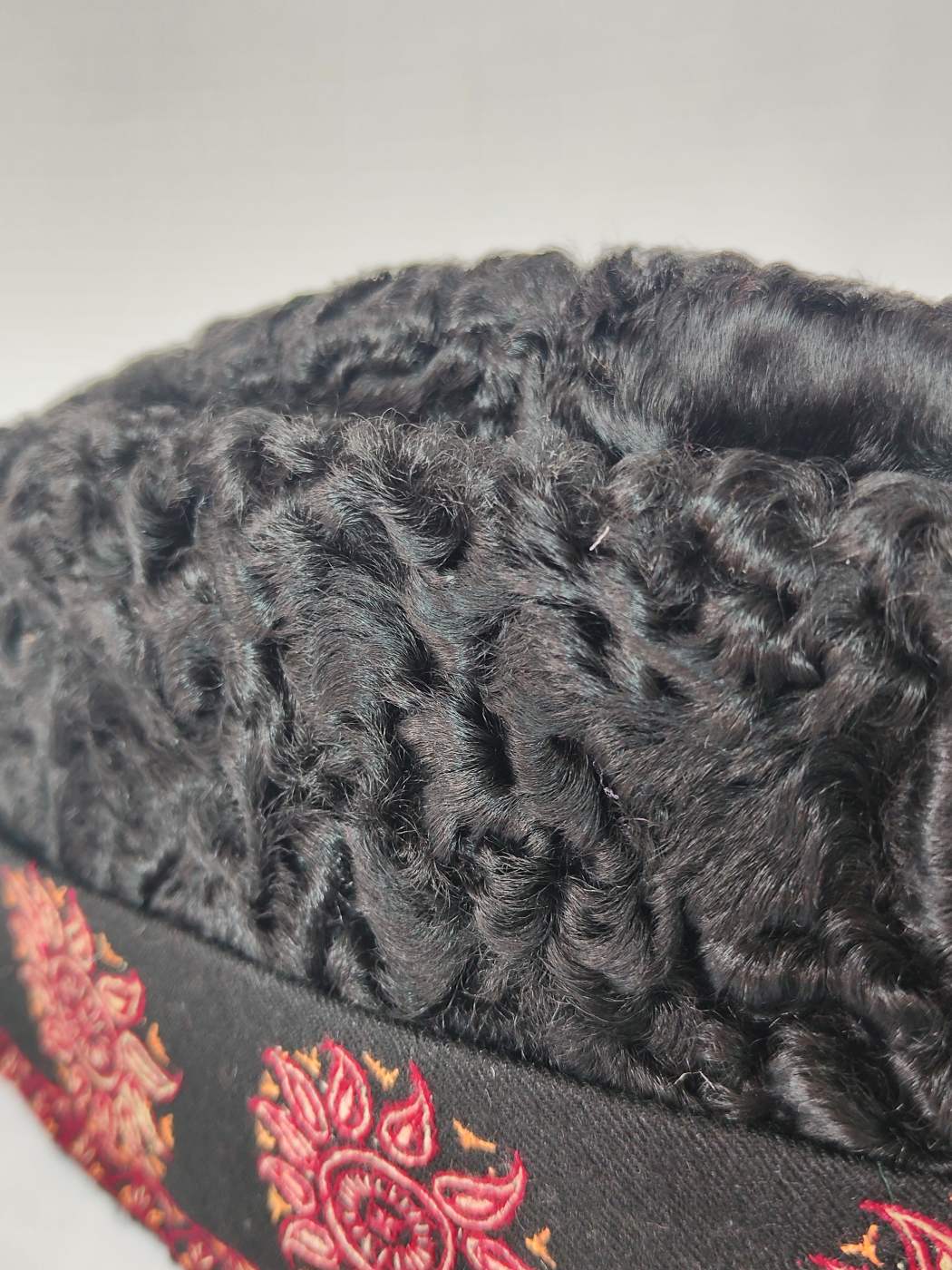 Designer Black Karakul Cap With Hand Sozni Embroidered Brim