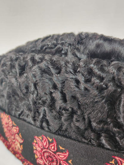Designer Black Karakul Cap With Hand Sozni Embroidered Brim