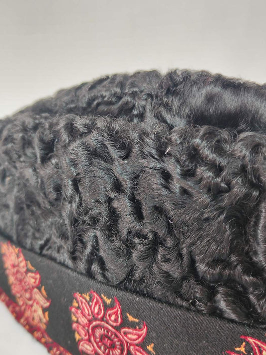 Designer Black Karakul Cap With Hand Sozni Embroidered Brim