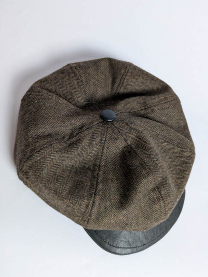 Flat Cap with Leather Front | Brownish Hat | Pick with Leather Button on Top