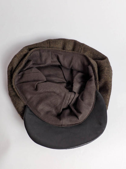 Flat Cap with Leather Front | Brownish Hat | Pick with Leather Button on Top