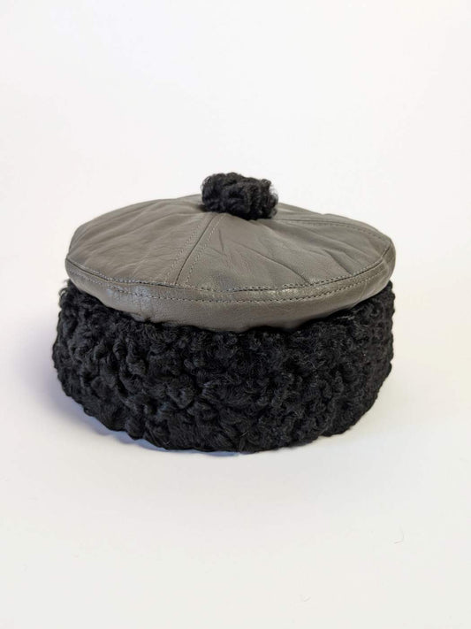 Hamid Round Leather Top Cap With Karakul Fur Brim