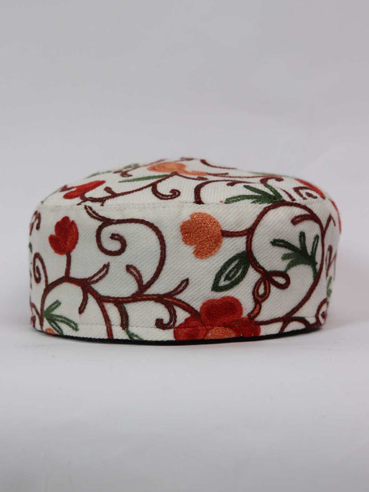 White Round Kashmiri Cap with Aari Embroidery