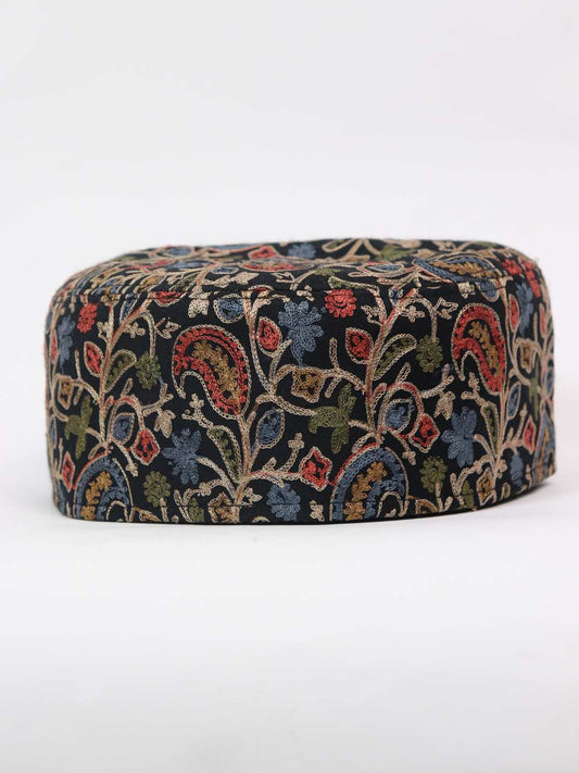 Black Traditional Kashmiri Cap with Aari Embroidery