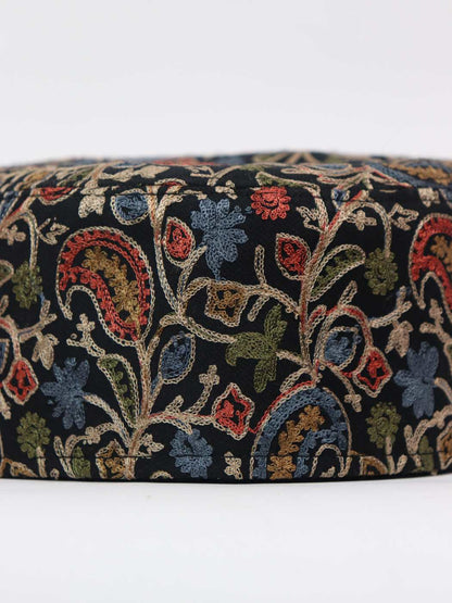 Black Traditional Kashmiri Cap with Aari Embroidery