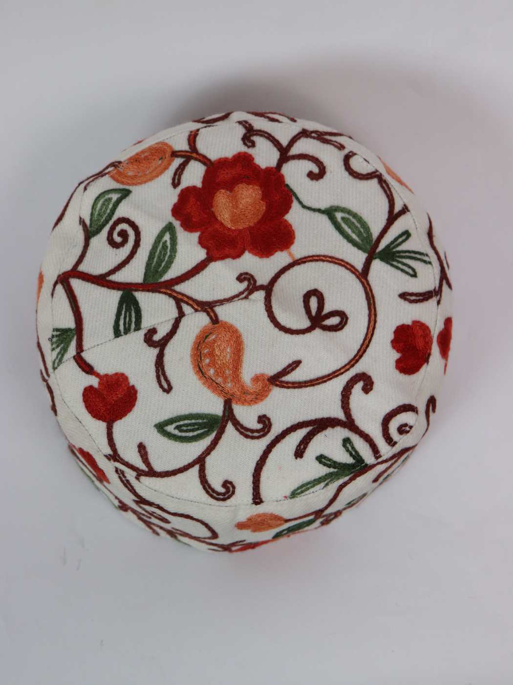 White Round Kashmiri Cap with Aari Embroidery