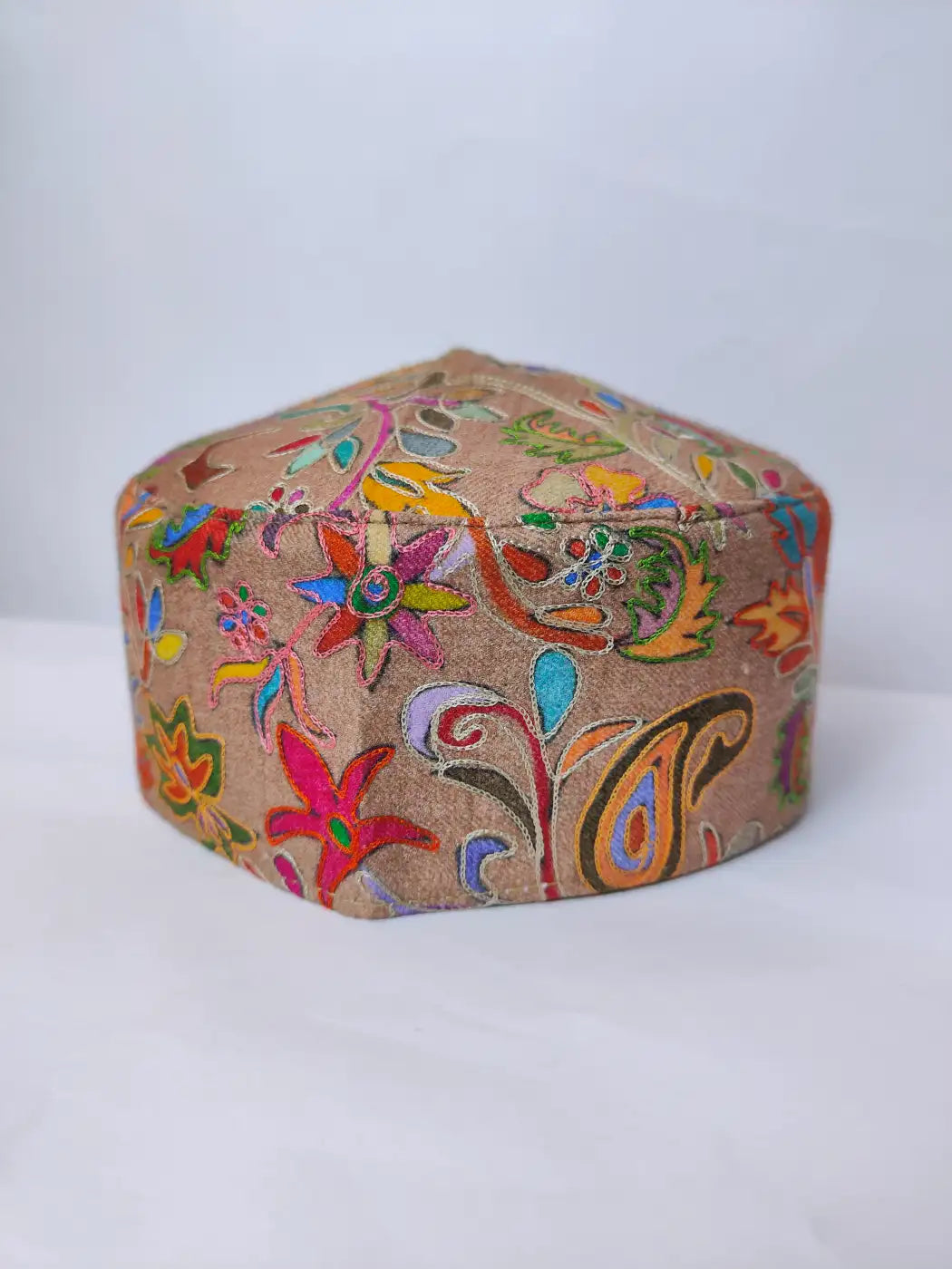 beige colour Kashmiri lightweight kalamkari embroidery cap 