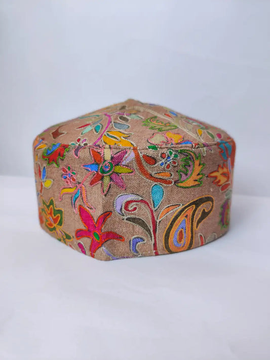 beige colour Kashmiri lightweight kalamkari embroidery cap 