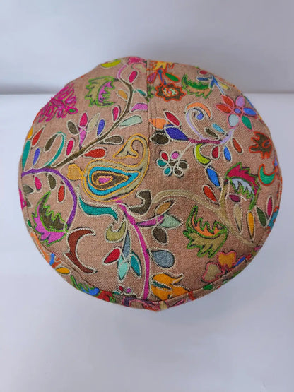Kalamkari embroidery on the top side of this Kashmiri cap