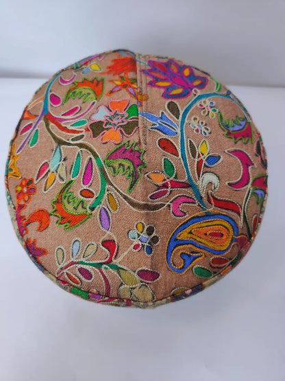 badami pttern kalamkari embroidery on the top side of the cap