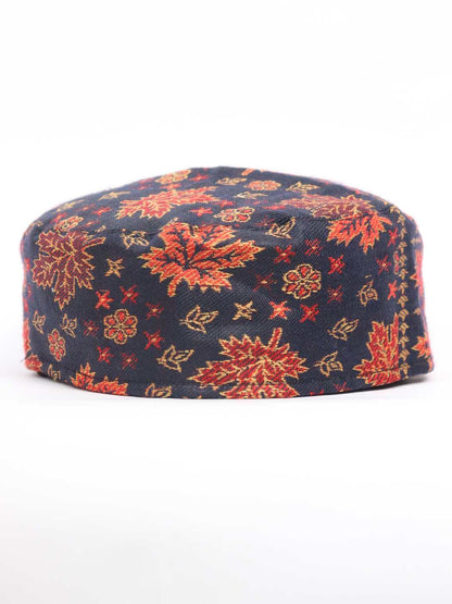floral pattern round cap in black from Kashmir 