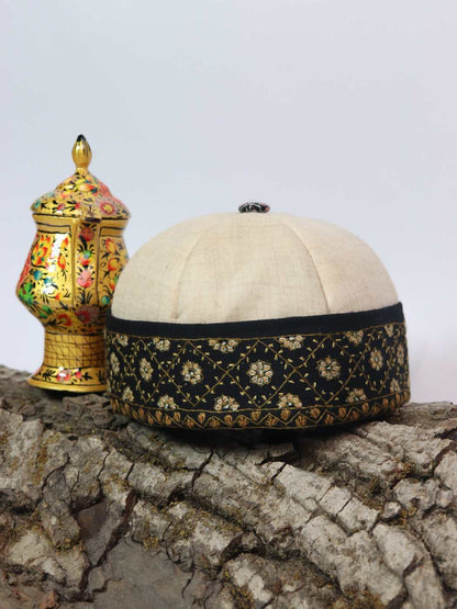 Cream Kashmiri Pure Pashmina Hand Sozni Cap Beanie Style