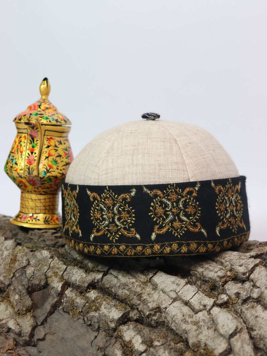 Kashmiri Cream Pure Pashmina Hand Sozni Cap