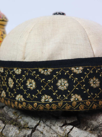 Cream Kashmiri Pure Pashmina Hand Sozni Cap Beanie Style