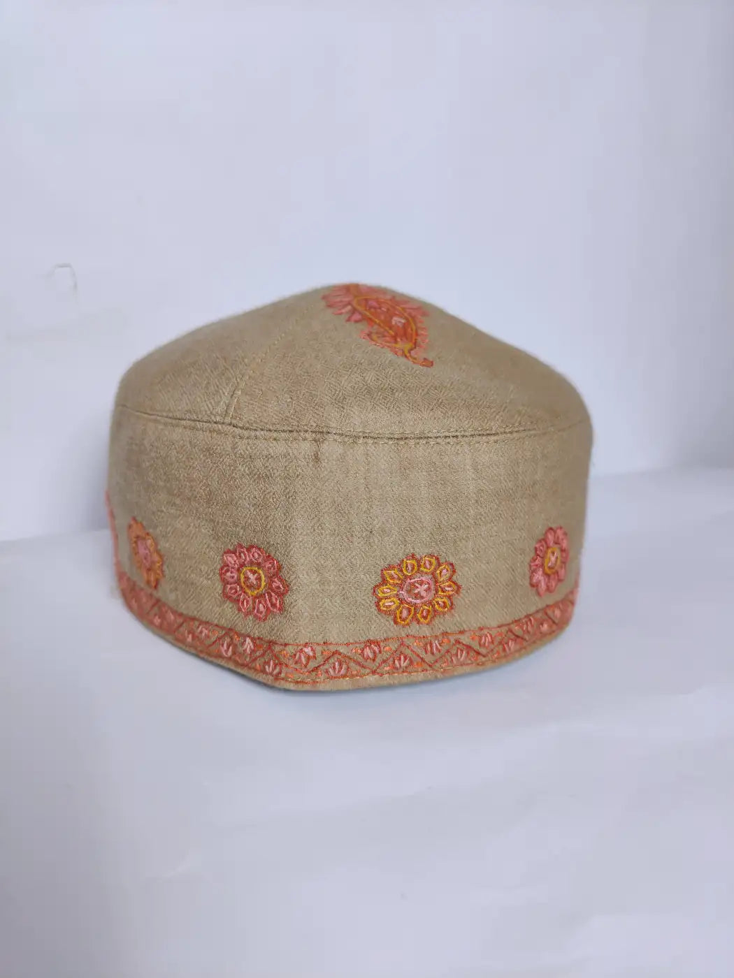 beige Kashmiri topi with floral sides in hand sozni embroidery 