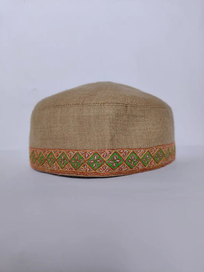 Kashmiri round mens cap with geometrical pattern in hand sozni embroidery 