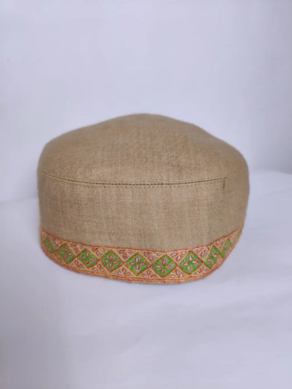 Kashmiri beige colour cap with geometrical pattern in sozni work