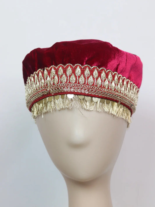 Kashmiri Partywear Velvet Cap With Zari Work For Women In Maroon Nida