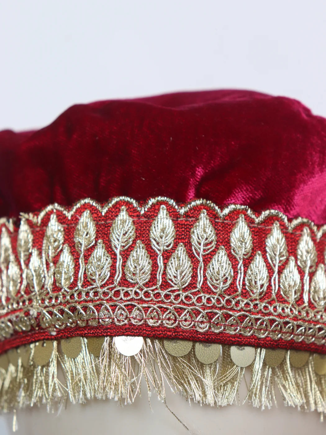 Kashmiri Partywear Velvet Cap With Zari Work For Women In Maroon Nida