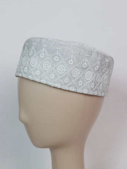 Off-White Stylish Chikan Embroidered Cotton Cap Riyan for Men