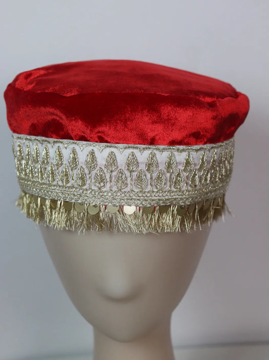 Kashmiri Velvet Cap for Wedding With Zari Work for Women In Red Aftab
