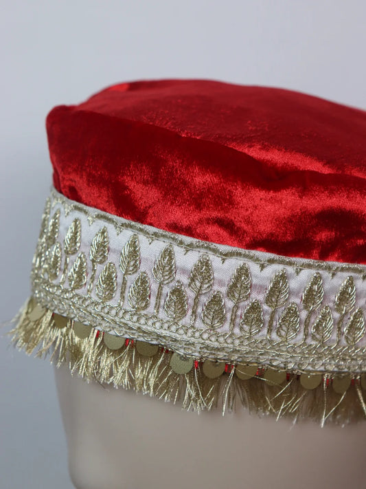 Kashmiri Velvet Cap for Wedding With Zari Work for Women In Red Aftab