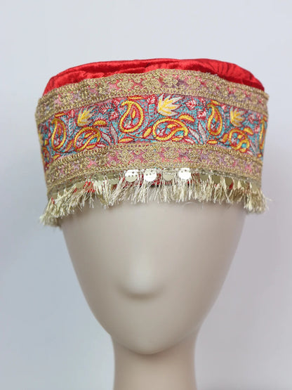Kashmiri Velvet Cap For Wedding With Zari Work for Women In Red Zooni