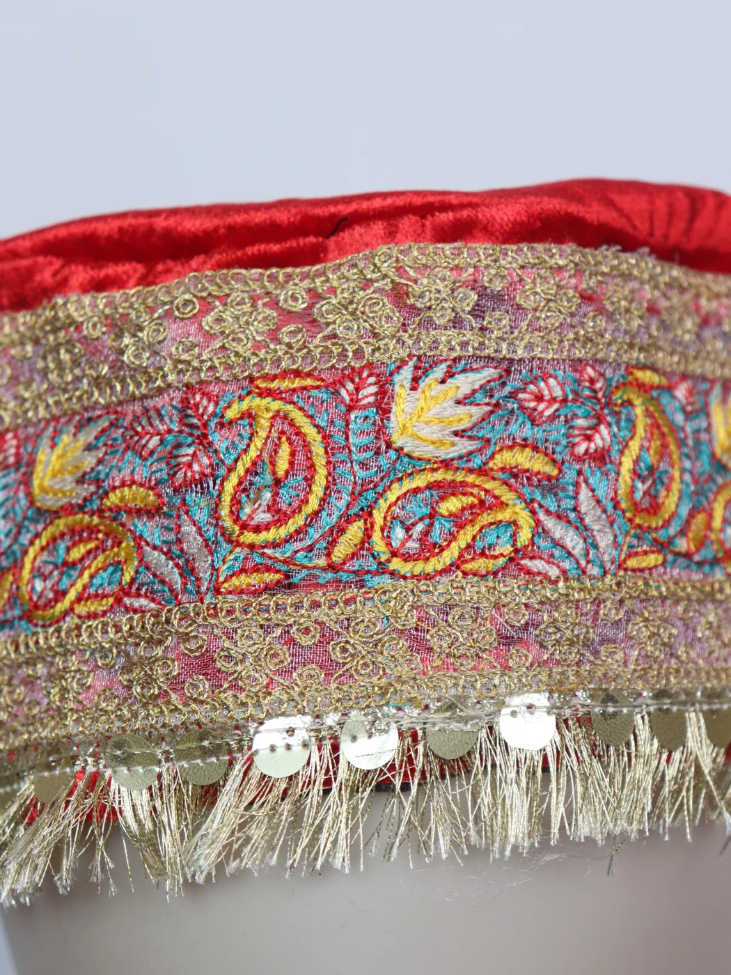 Kashmiri Velvet Cap For Wedding With Zari Work for Women In Red Zooni