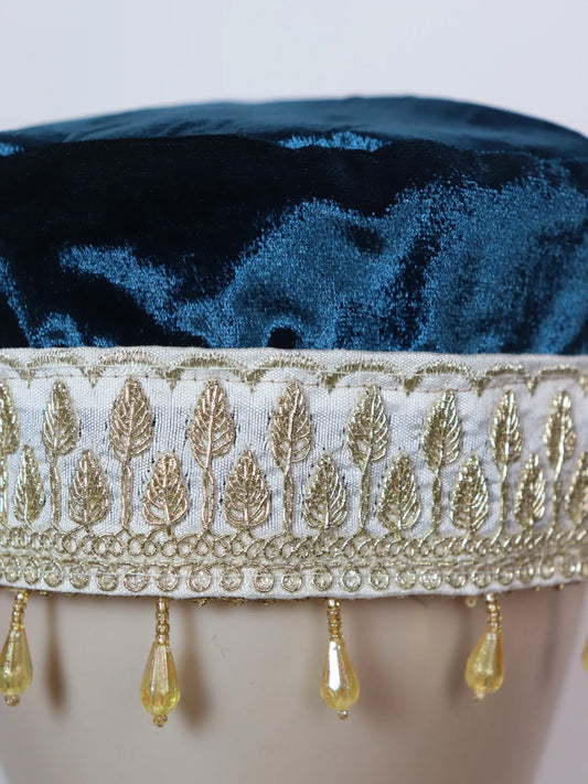 Blue Kashmiri Velvet Cap for Wedding Ulfat With Zari Work for Women