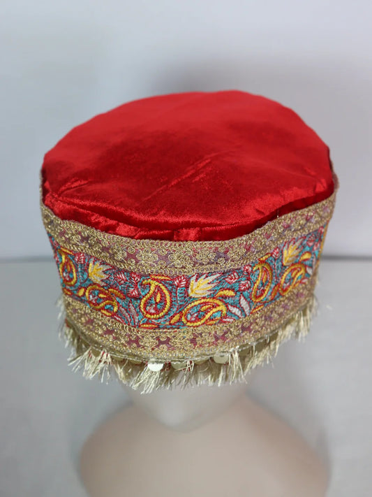 Kashmiri Velvet Cap For Wedding With Zari Work for Women In Red Zooni