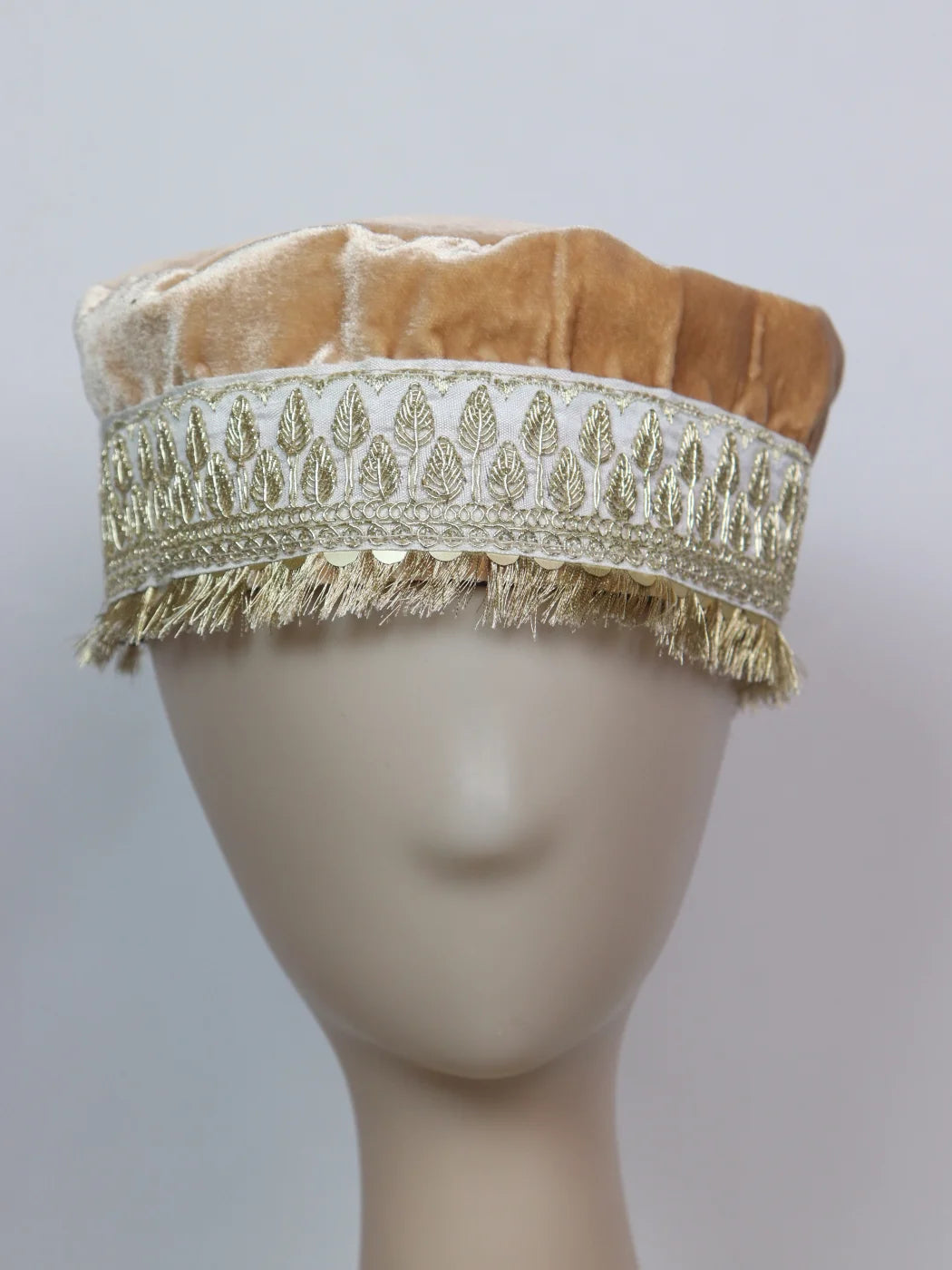 Kashmiri Beige Fancy Velvet Cap With Zari Work for Women Aaien