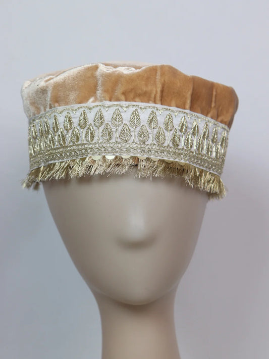 Kashmiri Beige Fancy Velvet Cap With Zari Work for Women Aaien