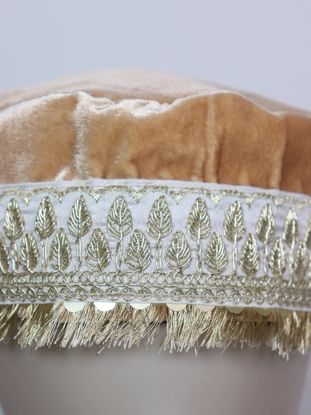 Kashmiri Beige Fancy Velvet Cap With Zari Work for Women Aaien