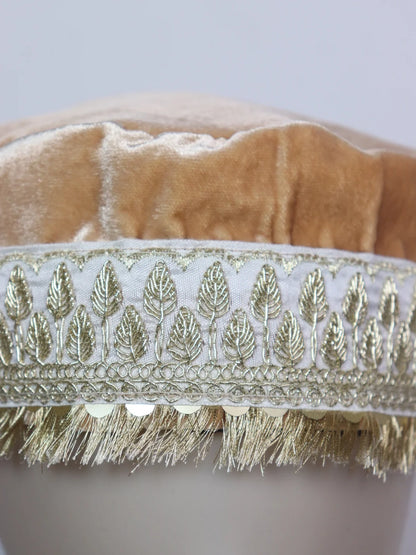 Kashmiri Beige Fancy Velvet Cap With Zari Work for Women Aaien