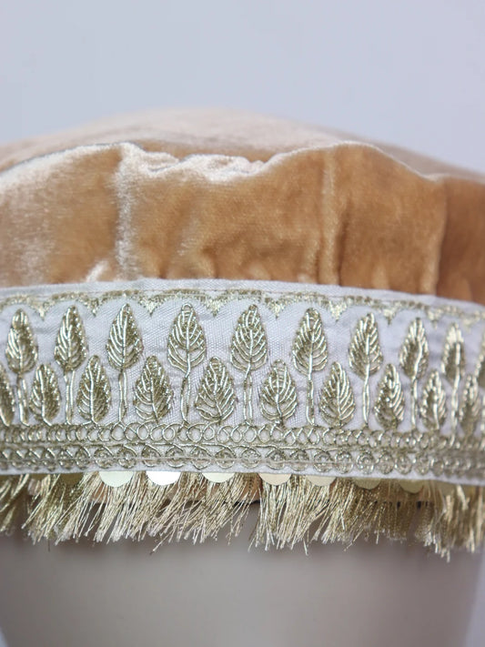 Kashmiri Beige Fancy Velvet Cap With Zari Work for Women Aaien