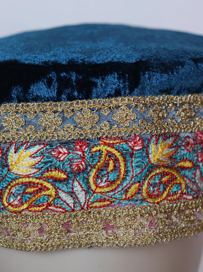 Navy-Blue Kashmiri Fancy Velvet Cap Farhana With Zari Work For Women
