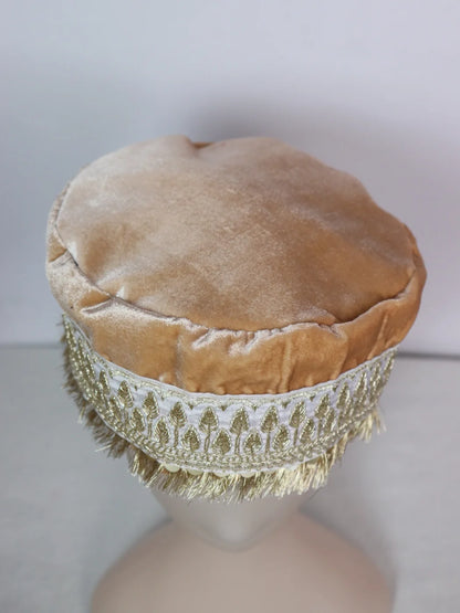 Kashmiri Beige Fancy Velvet Cap With Zari Work for Women Aaien