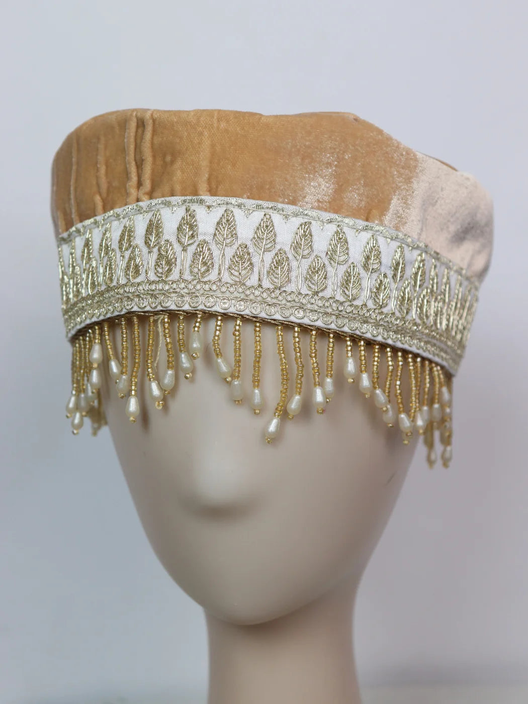 Beige Kashmiri Partywear Velvet Cap With Zari Work for Women Shamim