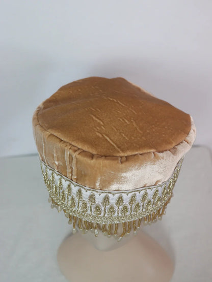 Beige Kashmiri Partywear Velvet Cap With Zari Work for Women Shamim