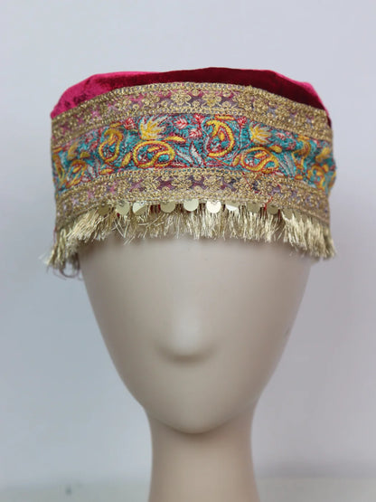Aahsan Kashmiri Fancy Velvet Cap In Maroon With Zari Work for Women