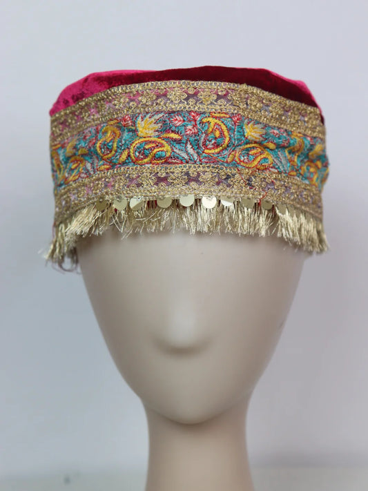 Aahsan Kashmiri Fancy Velvet Cap In Pink With Zari Work for Women