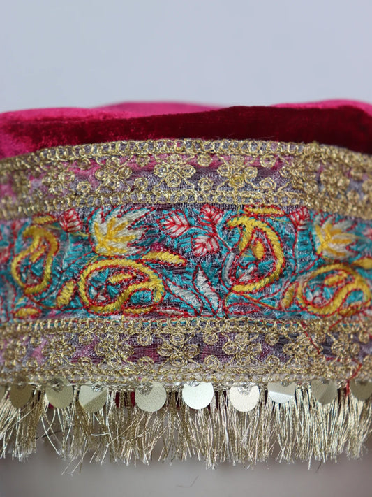 Aahsan Kashmiri Fancy Velvet Cap In Pink With Zari Work for Women