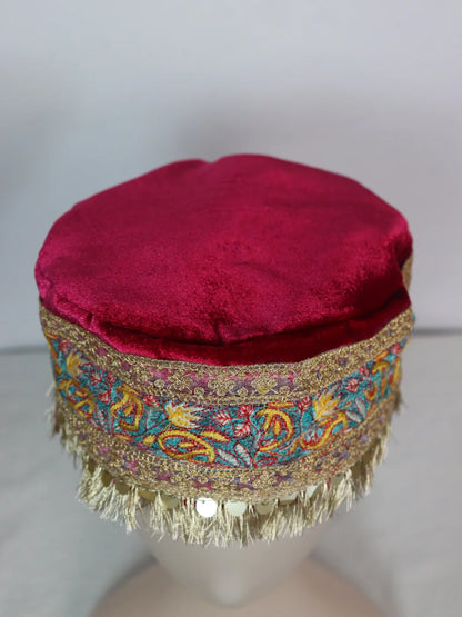 Aahsan Kashmiri Fancy Velvet Cap In Maroon With Zari Work for Women