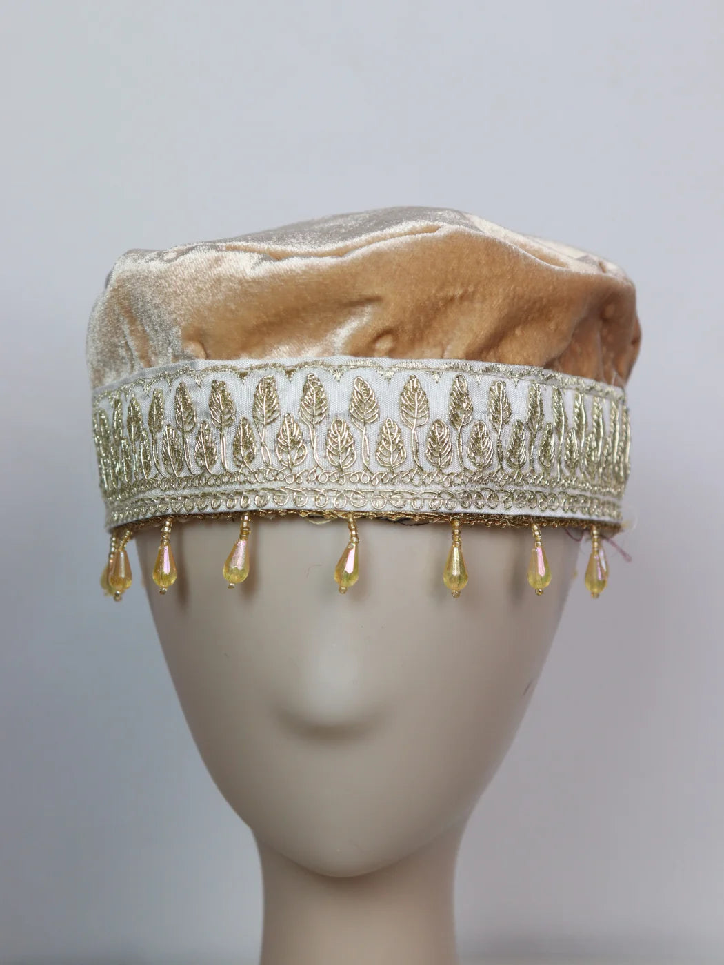 Kashmiri Fancy Velvet Cap In Beige With Zari Work for Women Sadiya