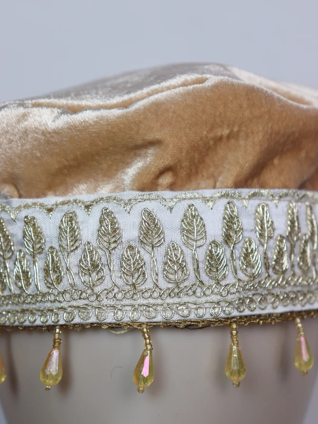Kashmiri Fancy Velvet Cap In Beige With Zari Work for Women Sadiya