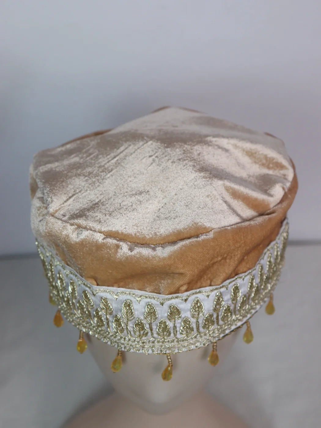 Kashmiri Fancy Velvet Cap In Beige With Zari Work for Women Sadiya