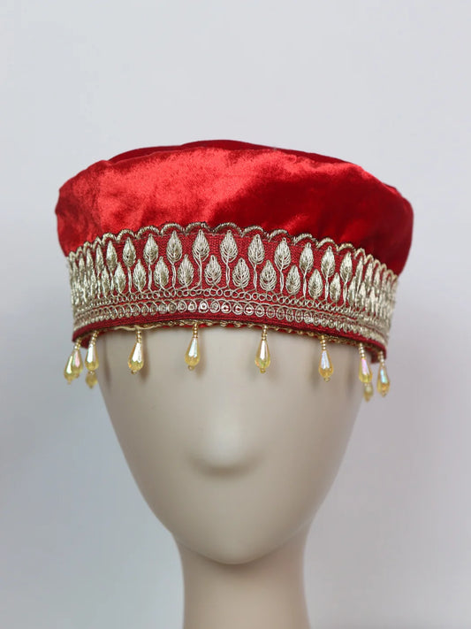 Kashmiri Velvet Cap for Wedding In Red With Zari Work for Women Tabassum